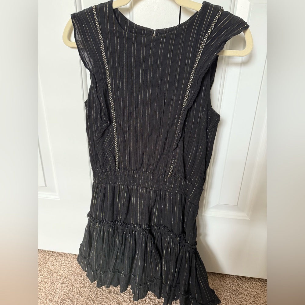 Misa Los Angeles Black Sleeveless Tiered Mini Dress with Metallic Stripes